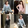 Camiseta Irregular de Manga Larga con Cuello Cuadrado que Cubre el Vientre para Mujer Talla Grande, Top Base Adelgazante de Otoño para Mujeres Talla Grande 63509