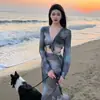 Nuevo Traje de Baño Dividido Transfronterizo para Mujer Sexy Escote en V Profundo Tie Dye Falda Traje de Baño Moda Blusa Tirantes Cuello