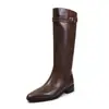 Botas de Caballero Estilo Británico Piel de Vaca Completa Hebilla Pequeña 2026 Invierno Tacón Medio Grueso Punta Cuadrada Pequeña Piel Genuina Caña Alta Botas Largas Mujer 41