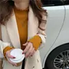 Camiseta base de punto gris con volantes para mujer, nueva prenda interior de otoño e invierno, suéter de cuello semi-alto, top versátil de corte ajustado, rosa