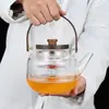Tetera de vidrio de borosilicato alto con rayas verticales para uso doméstico, calentamiento en estufa eléctrica de cerámica de llama abierta, hirviendo con filtro, tetera con asa