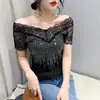 Foto Real Pronta Entrega Verão 2023 Nova Sexy Renda Recortada Brilhante Diamante Manga Curta Slim Moda Camiseta para Mulheres