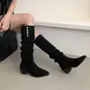 Botas apiladas de doble uso con pliegues estilo coreano, botas largas de tubo alto para mujer, otoño e invierno 2026, tacón medio grueso vintage, punta fina, botas largas hasta la rodilla