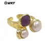 Anel Feminino Ajustável Mpr160 Pérola Natural de Água Doce Pedra Colorida Banhado a Ouro 18K, Hot-Selling de Exportação