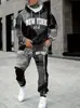 Conjunto de Moletom com Capuz Solto Casual e Calça de Moletom com Estampa Digital 3D em Imitação de Jeans, Novo e na Moda, Transfronteiriço