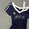 Camiseta de Manga Corta con Hombro Descubierto y Patchwork de Encaje 'Pure Desire' para Mujer, Estilo Corto de Verano, Corte Ajustado, Ceñida a la Cintura, Top Versátil Único Dulce y Picante