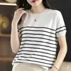 Camiseta de punto a rayas redonda de moda simple para mujer, adelgazante, para ir al trabajo, algodón, absorbente de sudor, transpirable, jersey de manga corta para mujer