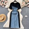 Vestido Jeans Vintage de Nicho Francês com Costura de Manga Curta para Mulheres, Verão, Cintura Apertada, Emagrecedor, Elegante, Chique, Casual, Longo