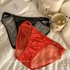 Roupa Íntima Sexy de Cetim Japonês Feminina com Renda e Malha Transparente, Forro de Algodão Puro na Virilha, Sem Costura, Cintura Baixa, Calcinha com Tira Fina para Meninas