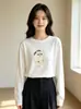 Camiseta base estampada de gola redonda em liocel para mulheres, de manga longa, fofa, modeladora, de alta qualidade, confortável, adequada para primavera e outono