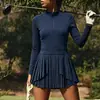 Vestido deportivo de manga larga transfronterizo para golf para mujer, con media cremallera, cuello alto, falda plisada, tejido de secado rápido y transpirable, y adecuado para tenis al aire libre