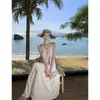 Vestido longo de alcinha com conchas estilo férias, decote V soltinho, costas abertas para praia, feminino