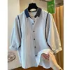 Camisa de Rayas de Manga Corta para Mujer Verano 2025 Nueva Holgada Estilo Casual Delgada Top de Manga Abullonada de Cinco Puntos