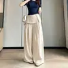 Pantalones de Dos Piezas Falsos de Algodón Tencel con Abertura para Cubrir el Trasero para Mujer, Estilo Delgado 2026 Otoño Nuevo, Holgados, con Caída, Casuales, de Pierna Ancha, Largos