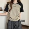 Playera de Manga Corta para Mujer, Camiseta Básica de Verano con Letras Estampadas, Talla Grande, Look Adelgazante, Casual, con Hombro Derecho Descubierto y Cordón Contrastante para Uso Exterior