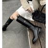 As Botas Também São Botas de Equitação de Pernas Retas em Couro de Bezerro de Couro Integral para Mulheres, Inverno 2025, Salto Médio Grosso, Bico Arredondado, Botas de Cano Alto em Couro Genuíno