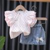 Conjunto de Roupas Infantis Yuzu Urso Marca para Meninas, Shorts Jeans de Algodão com Bolinhas e Babados de Manga Curta, Estilo Verão Fino