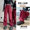 Pantalones Cargo Rectos con Cordón Estilo Americano Rojo Ankela para Mujer, Nuevos de Primavera/Verano de Cintura Alta Sueltos con Múltiples Bolsillos Deportivos Casuales