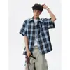 Camisa xadrez de manga curta estilo retrô americano para homens, camisa uniforme DK estilo faculdade de verão, jaqueta de manga meia-manga com gola de lapela para jovens