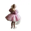 Vestido formal para niños para exportación, con adornos florales 3D, mangas abullonadas y una falda de tul multicapa, perfecto para sesiones de fotos, banquetes y como vestido de princesa para niñas