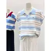 Camisa Base de Rayas Bloque de Color Dulce con Cuello Polo para Mujer, Top de Punto de Hombro Normal de Manga Corta Volante de Verano, Camiseta Fina de Manga Corta