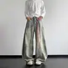 Jeans Retrô Americano Wide-Leg Scimitar Desgastado para Homens com Design Patchwork, Calça Reta Deconstruída Lavada Comprimento Total