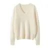 Suéter de Cachemira con Hilo Cepillado sin Costuras, Cuello en V, Manga Larga para Mujer, Estilo Perezoso, Holgado, Casual, Suéter de Punto para Otoño e Invierno, Capa Base