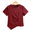 2026 Verão Design de Nicho Gola Redonda Costura no Ombro Tendência Estilo Coreano Slim Fit Plissado Irregular Top Manga Curta Camiseta Feminina 295