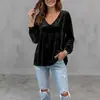 Moda europea y americana transfronteriza: Nueva colección de otoño 2026 de ropa para mujer - Top/camisa de manga larga, cuello en V, con ribete de encaje, de terciopelo, casual, corte holgado