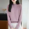 Suéter de Punto de Algodón Puro con Cuello Alto Medio de Manga Larga para Mujer, Jersey Holgado de Sarga, Camisa Base Superior