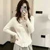 Suéter base de punto fino para mujer, estilo Chanel, con cuello polo de lazo, manga larga, corte ajustado, talla única gris, algodón