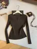 Suéter de punto acanalado de manga larga para mujer, otoño, estilo coreano, corte ajustado, versátil, adelgazante, jersey, prenda interior, elegante, moderno, top casual