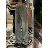 Calça Jeans Wide Leg Amassada Petite com Strass para Mulheres, Primavera/Outono Cintura Alta Fluida Lavada Desbotada Perna Reta Longa
