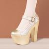 Sapatos de salto alto super altos dourados de 15 cm com salto grosso, plataforma à prova d'água, modelo muffin de sola grossa, sapatos de camada única com fivela, sapatos de passarela para cheongsam