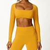 Conjunto de Roupa de Yoga Nova Transfronteiriça com Bojos Removíveis, Mangas Compridas, Calças de Cintura Alta que Levantam o Bumbum, Roupa Esportiva Fitness Feminina