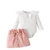 Conjunto de 3 Peças para Bebê Menina Primavera e Outono: Macacão de Manga Longa com Manga Bufante + Saia de Veludo Cotelê + Acessório de Cabelo com Laço