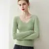 Suéter de cachemir 100% puro, suave y delicado, para mujer, cuello en V sin costuras, acanalado, corte ajustado, tejido base, prenda interior de moda