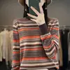 Venta al por mayor transfronteriza de nueva base de punto jacquard a rayas de diseño elegante de algodón para mujer, estilo retro, cuello medio alto