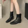Inverno 2025 Retrô Cor Pura Versátil Fivela de Cinto Bico Quadrado Salto Grosso Botas Curtas Moda Feminina Botas Versáteis Botas Slim