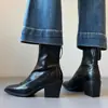 Botines Cuadrados Vintage con Tacón Grueso en Stock, Botines Chelsea Patchwork de Piel Suave para Mujer, Botas Negras Versátiles para el Trabajo, Botas de Corte Delgado