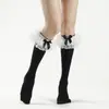 Meias Lolita de Renda Grande Acima do Joelho Femininas Multicamadas Laço de Renda Meias Lolita para Panturrilha Estilo Doce JK Preto