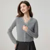 Cardigan Suéter de Cashmere com Renda Patchwork Francês Decote V Outono Inverno Malha Macia e Amiga da Pele Jaqueta Curta