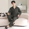 Pijama 100% Algodão Masculino, Novo Conjunto de Duas Peças para Casa Outono, Cardigã de Manga Longa com Calça Longa e Gola Reversível