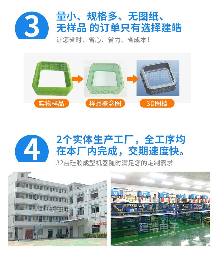 建皓电子硅胶按键生产厂家实拍车间，2个实体工厂，配备无尘喷涂车间与32台油压成型机，支持大批量快速交货，做货不排队确保交期。