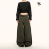 Jeans de Trabajo Estilo Retro Americano Verde Militar Yongfang para Hombres y Mujeres, Corte Holgado con Cinturón, Pantalones Casuales de Pierna Ancha hasta el Suelo