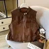 Nuevo chaleco de ante sin mangas de moda estilo coreano color caqui oscuro café para mujer