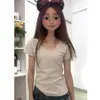 Uma geração de flor branca cinza de cabelo gola U clavícula camiseta feminina verão retrô americano simples básico ombro manga curta top