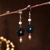 Pendientes Cheongsam Auténticos Vintage de Ébano Estilo Nacional Simple Perla de Agua Turquesa Pendientes de Verano Versátiles Pendientes Pendientes