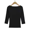 Camiseta de Manga Tres Cuartos con Cuello de Una Línea Sexy para Mujer Estilo Europeo y Americano Corta Nueva Otoño 2025 Delgado Sexy Camiseta Básica Superior