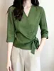 2026 Verano Nueva Moda Elegante Camisa de Manga Tres Cuartos con Cuello en V Adelgazante Blusa de Temperamento Adelgazante Primavera Verano Nicho Mujer